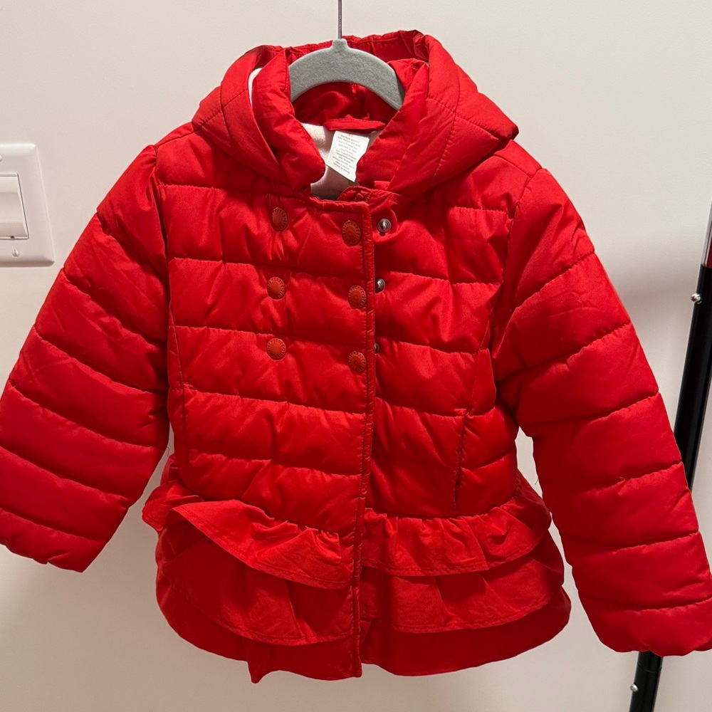 Gymboree Girls size 5T Red Kids Puffer Jacket w/ hood, ruffle, fleece lining.